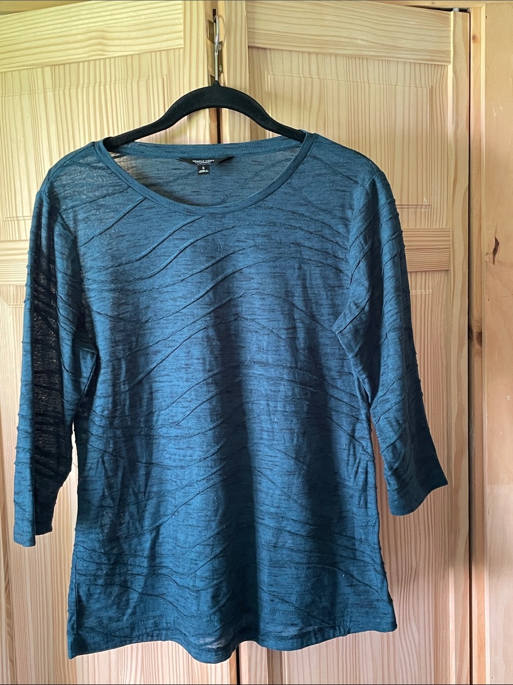 Venezia Teal Blue Textured Wave-Pattern Long Sleeve Top
